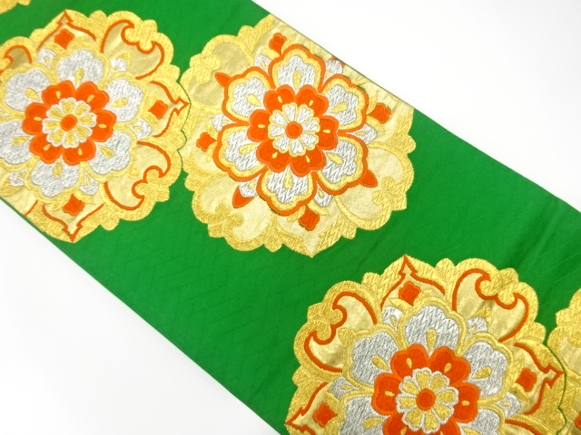 JAPANESE KIMONO / ANTIQUE FUKURO OBI / SILK / WOVEN FLORAL CREST